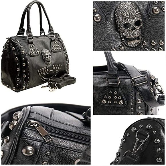 𝅺BLACK Leather Skull Handbag Large Gothic Shoulder Bag Biker Rocker Studded NWT - Picture 2 of 6